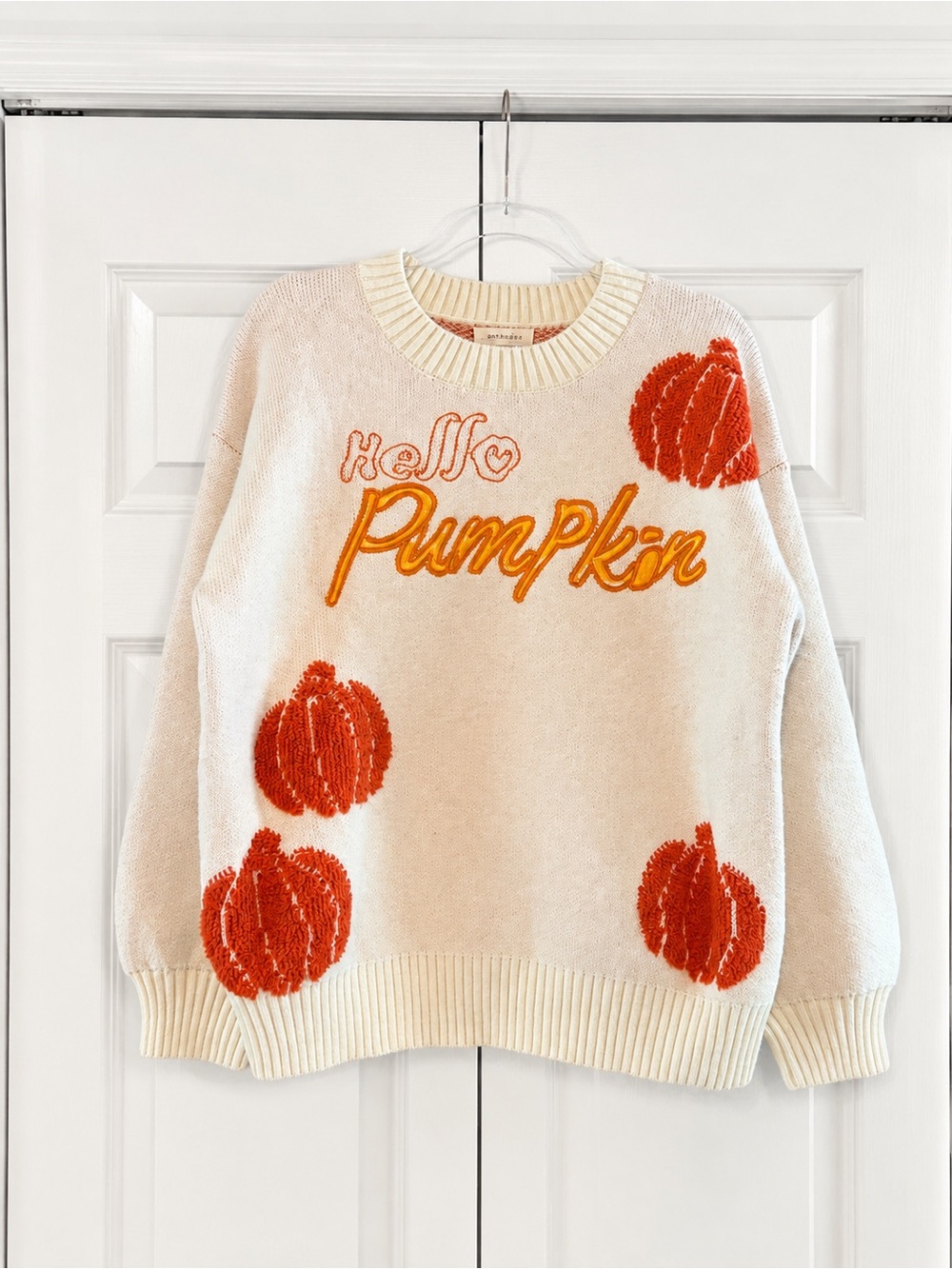 Anthropologie And The Why Hello Pumpkin Sweater Cream Orange L NWT